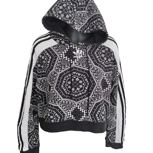 Adidas | Womens Cotton Cropped Hoodie Kaleidoscope Print Black & White | Size Sm - Picture 1 of 11